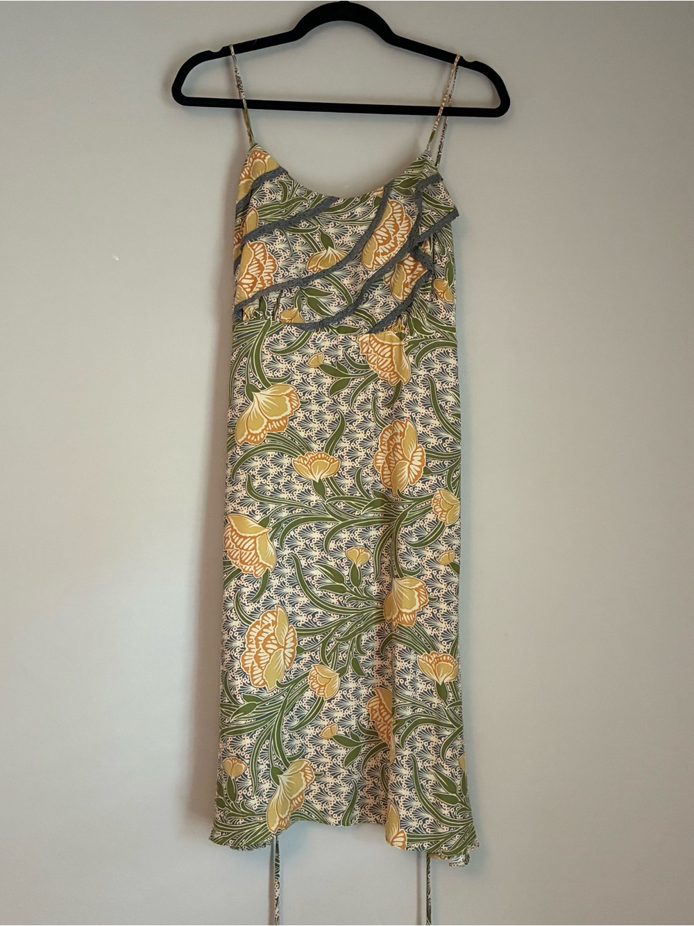 VINTAGE Betsey Johnson Yellow Floral Tea Length Slip Dress with Green Vine Print